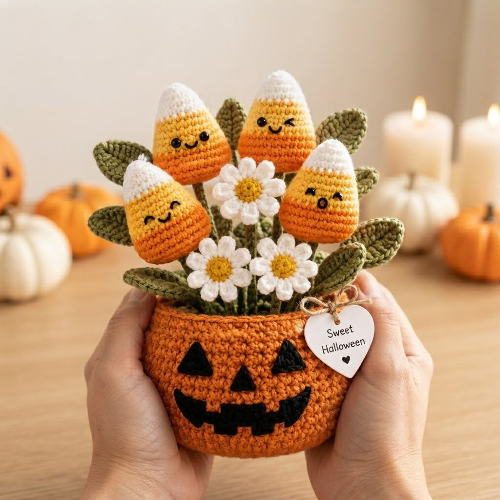 Handmade Crochet Candy Corn in Pumpkin Halloween Decor Pot
