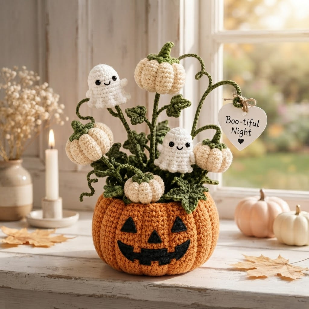 Handmade Crochet Little Ghosts and Pumpkins Halloween Decor Pot