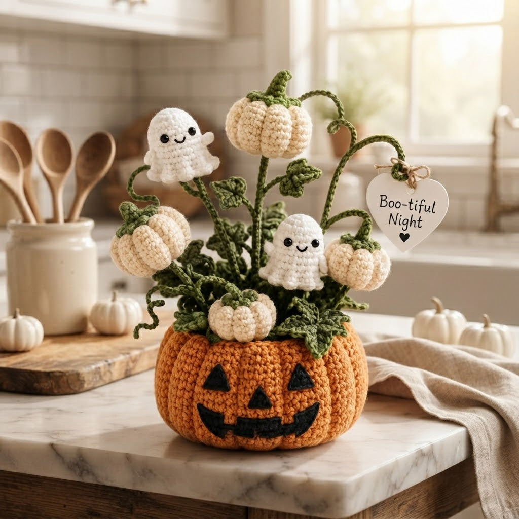 Handmade Crochet Little Ghosts and Pumpkins Halloween Decor Pot