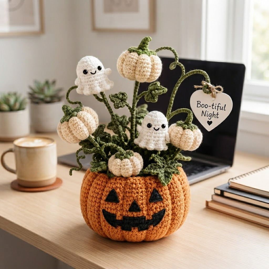 Handmade Crochet Little Ghosts and Pumpkins Halloween Decor Pot