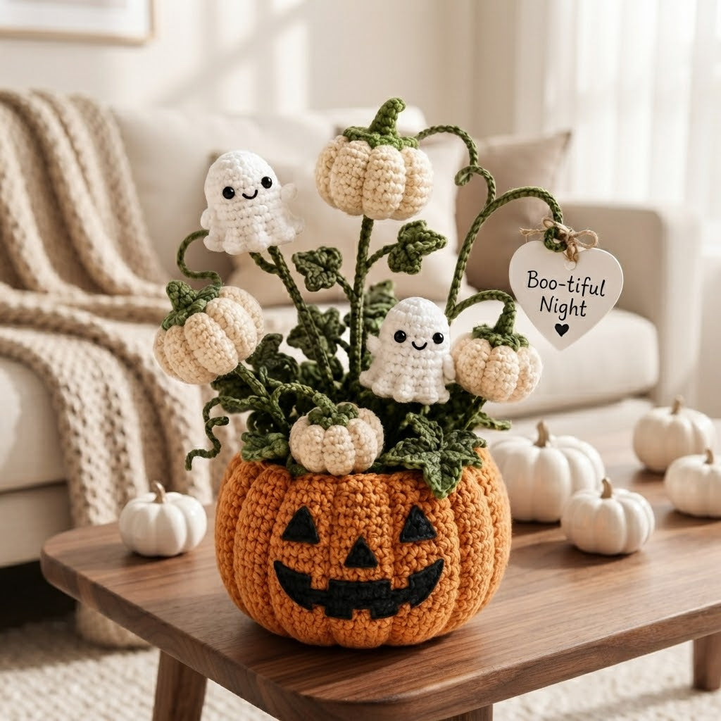Handmade Crochet Little Ghosts and Pumpkins Halloween Decor Pot