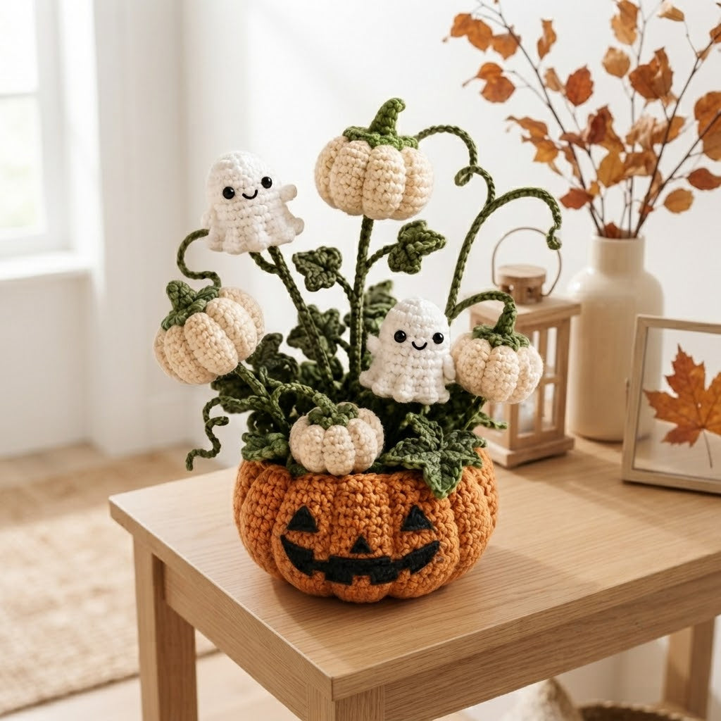 Handmade Crochet Little Ghosts and Pumpkins Halloween Decor Pot