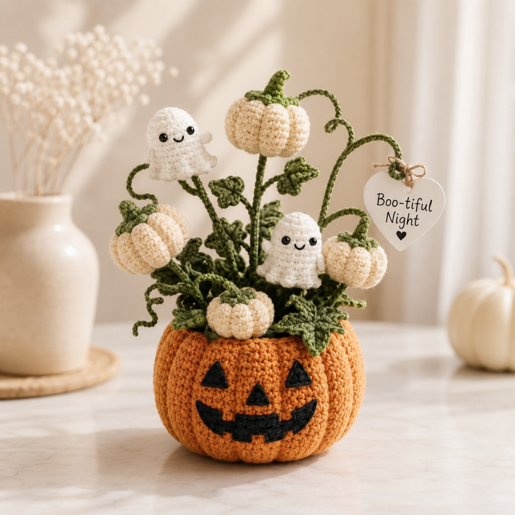 Handmade Crochet Little Ghosts and Pumpkins Halloween Decor Pot