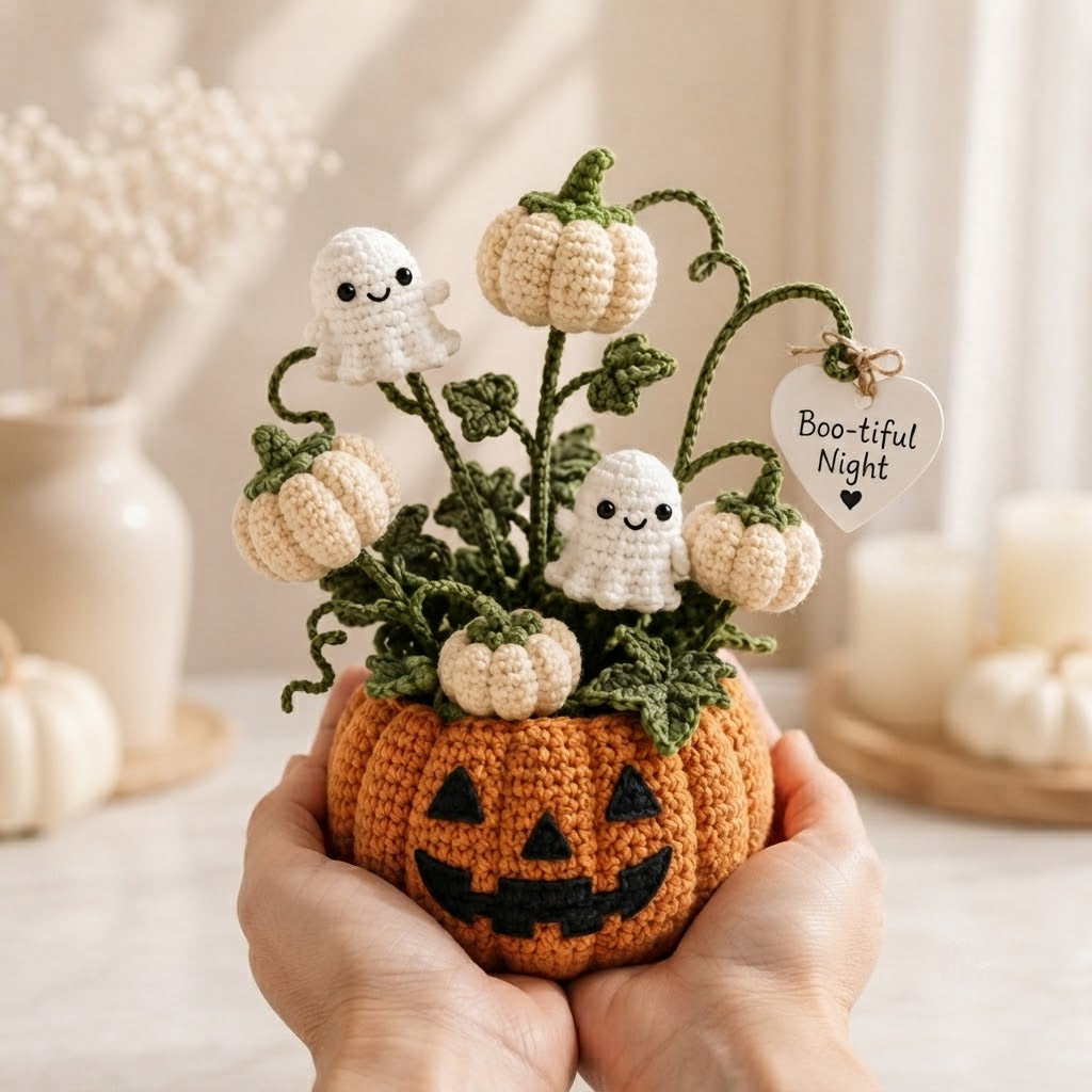 Handmade Crochet Little Ghosts and Pumpkins Halloween Decor Pot