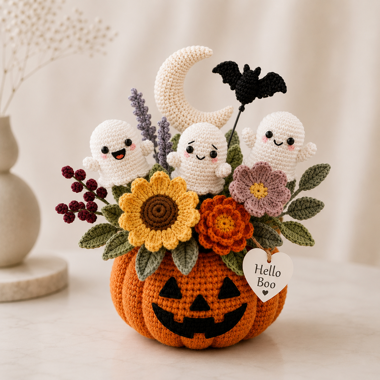 Handmade Crochet Little Ghosts and Pumpkins Halloween Decor Pot