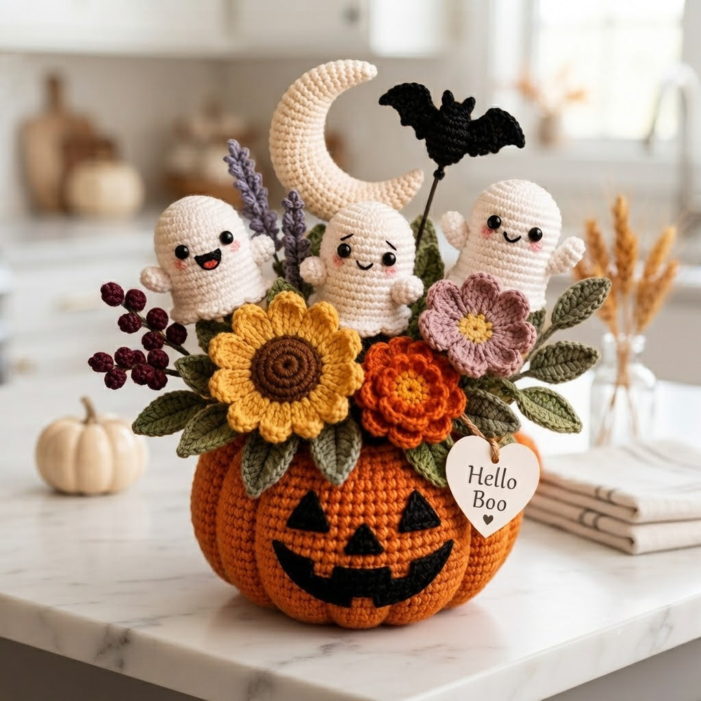 Handmade Crochet Little Ghosts and Pumpkins Halloween Decor Pot