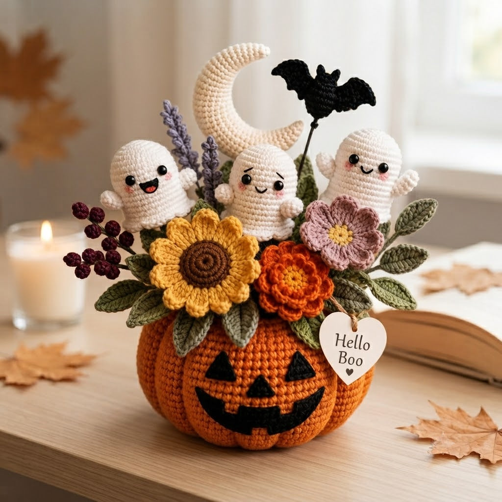 Handmade Crochet Little Ghosts and Pumpkins Halloween Decor Pot