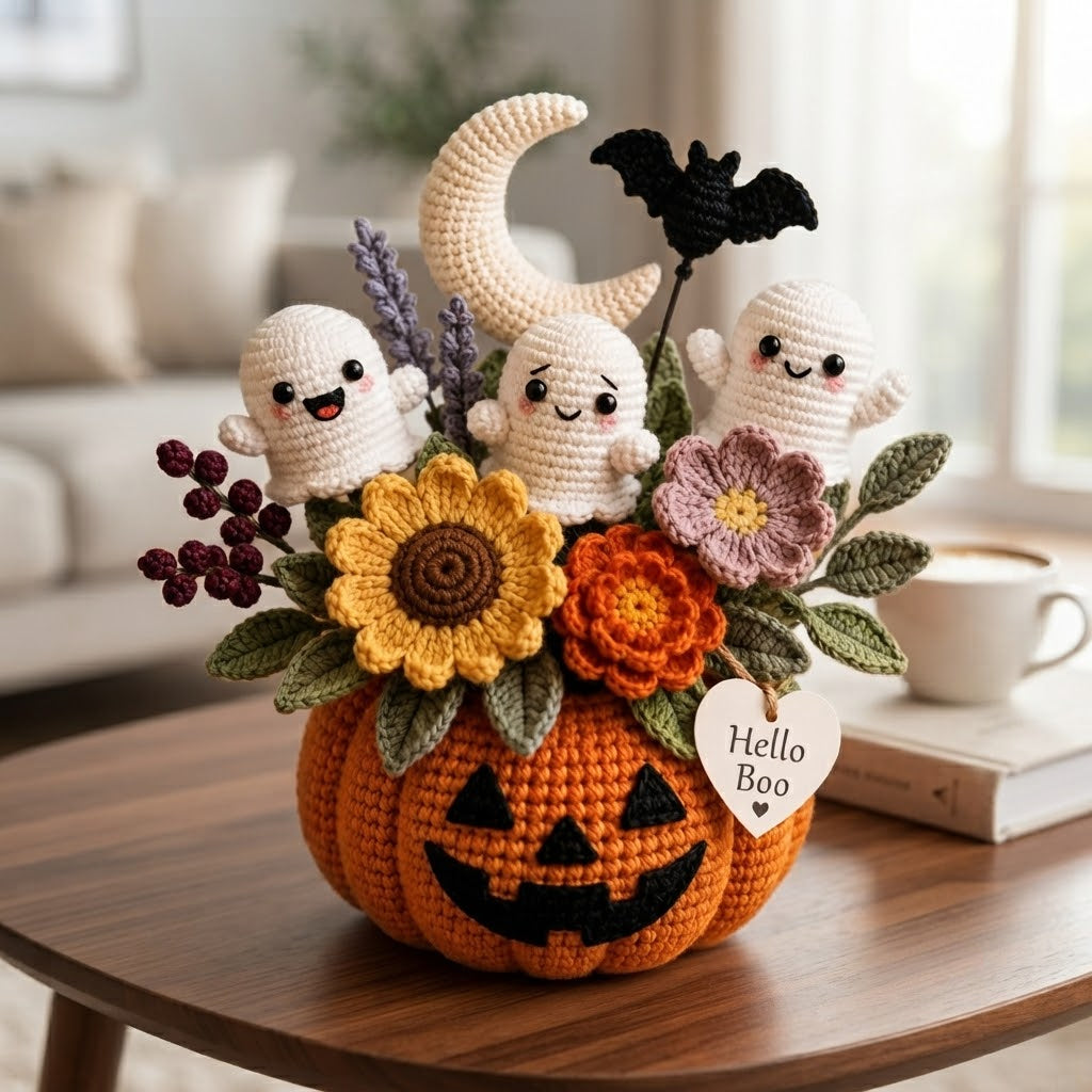Handmade Crochet Little Ghosts and Pumpkins Halloween Decor Pot