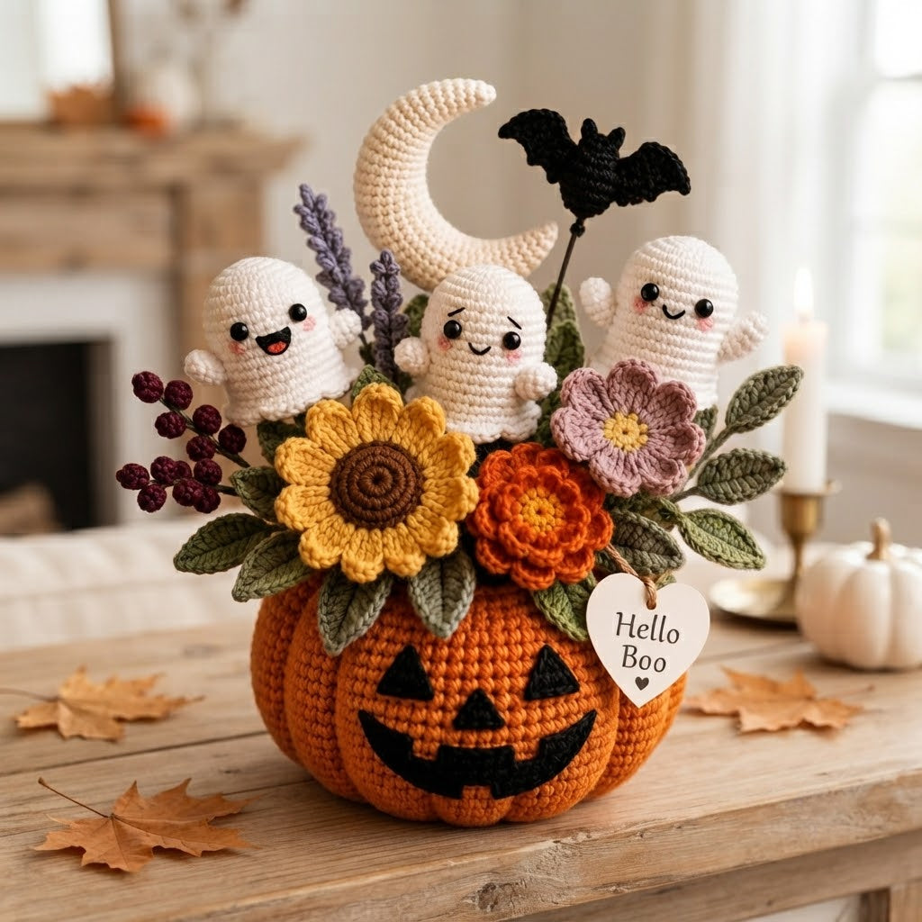 Handmade Crochet Little Ghosts and Pumpkins Halloween Decor Pot
