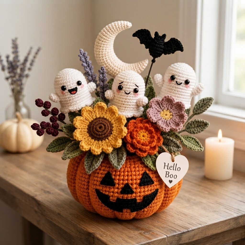 Handmade Crochet Little Ghosts and Pumpkins Halloween Decor Pot