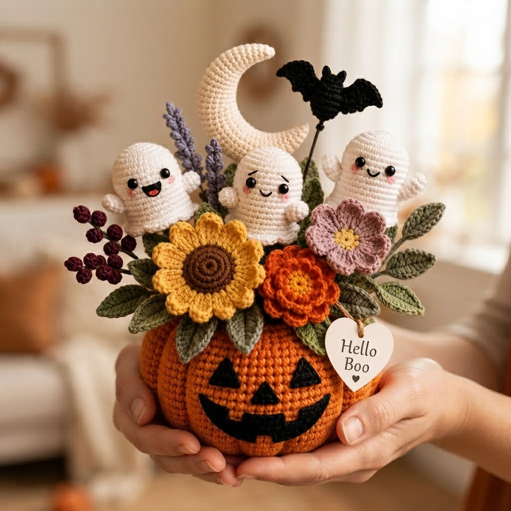 Handmade Crochet Little Ghosts and Pumpkins Halloween Decor Pot