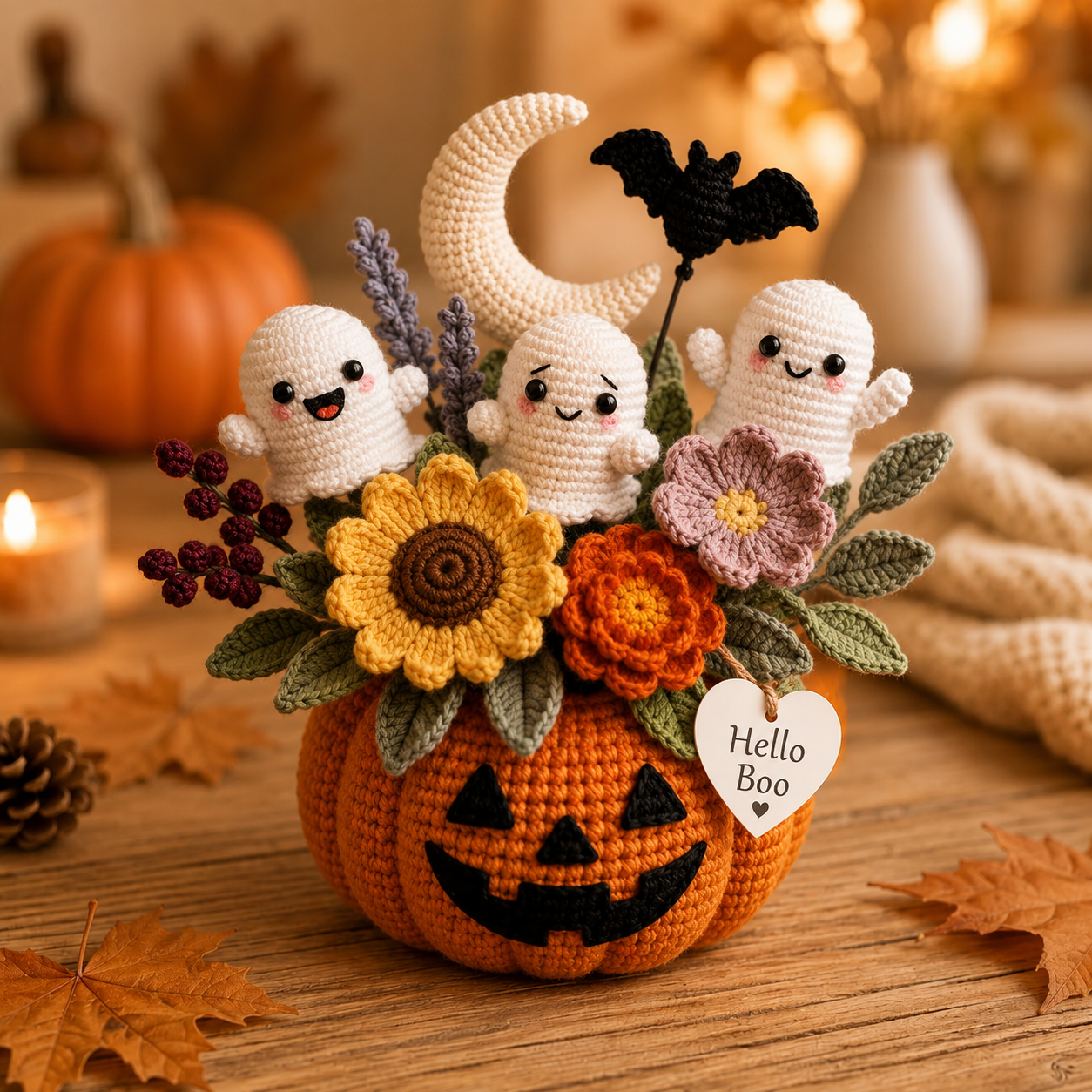 Handmade Crochet Little Ghosts and Pumpkins Halloween Decor Pot