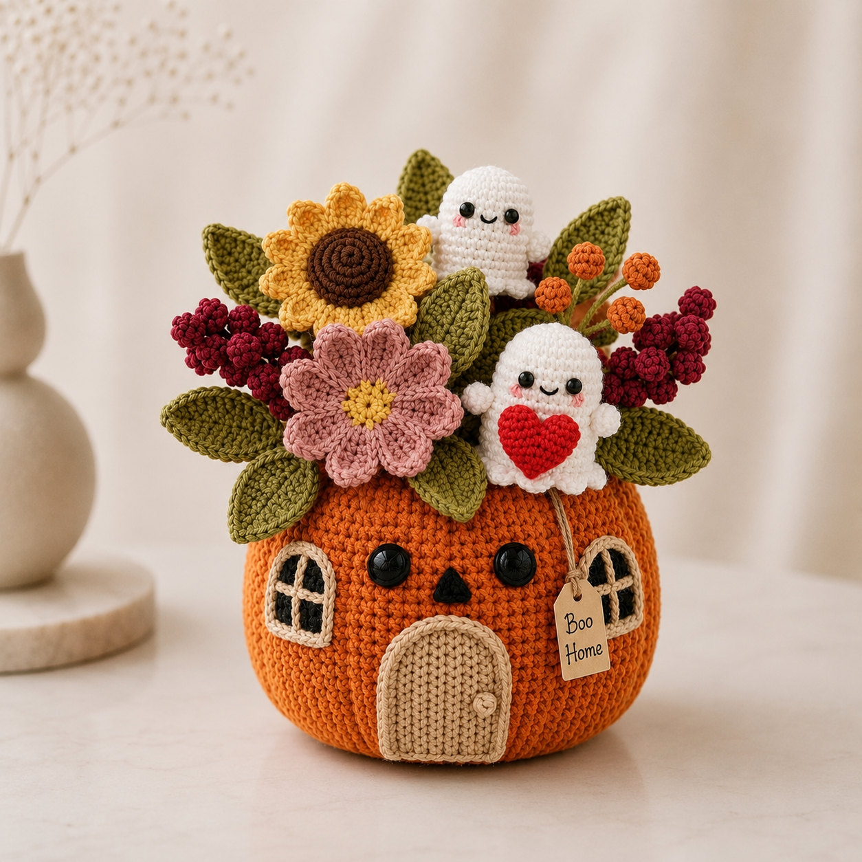 Handmade Crochet Ghost Pumpkin House Halloween Decor Pot