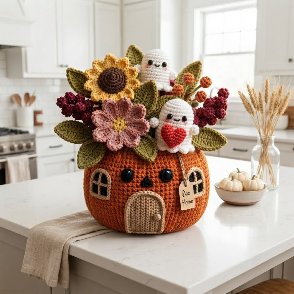 Handmade Crochet Ghost Pumpkin House Halloween Decor Pot