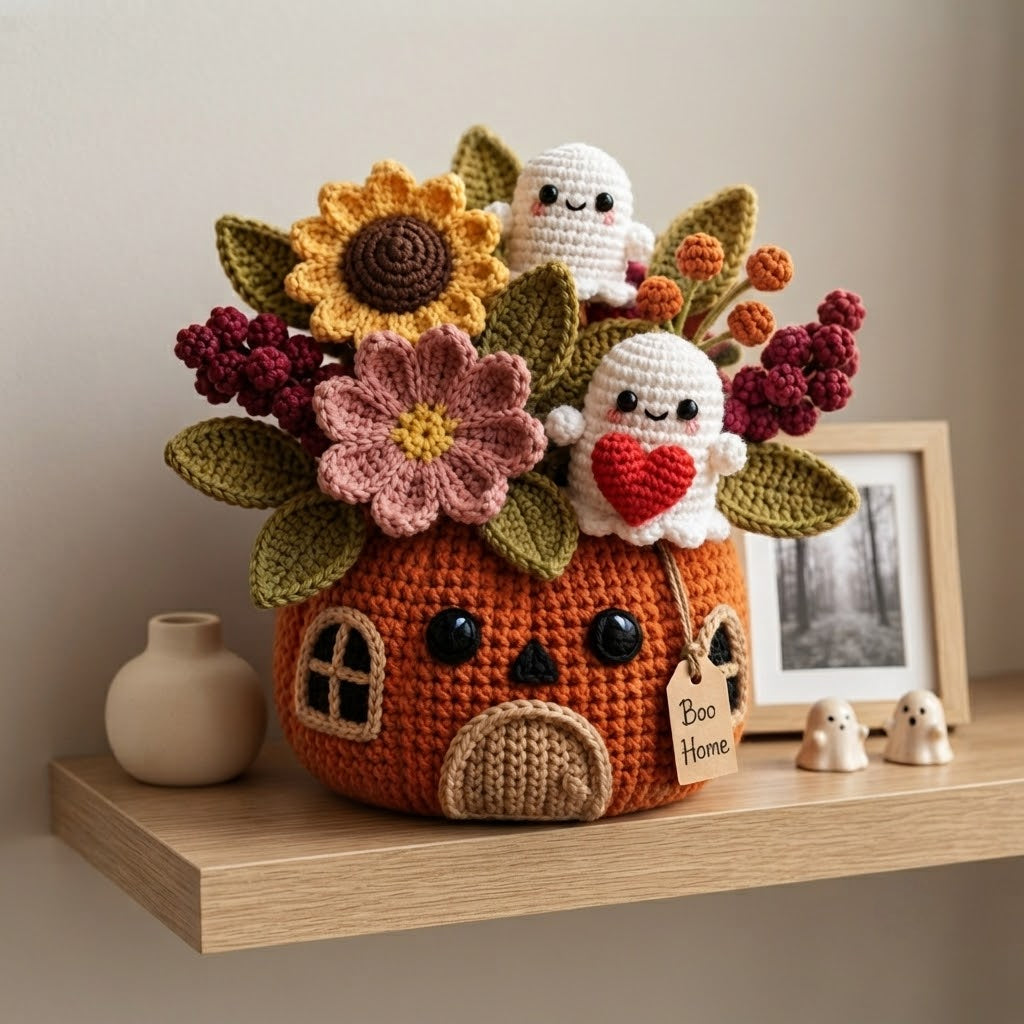 Handmade Crochet Ghost Pumpkin House Halloween Decor Pot