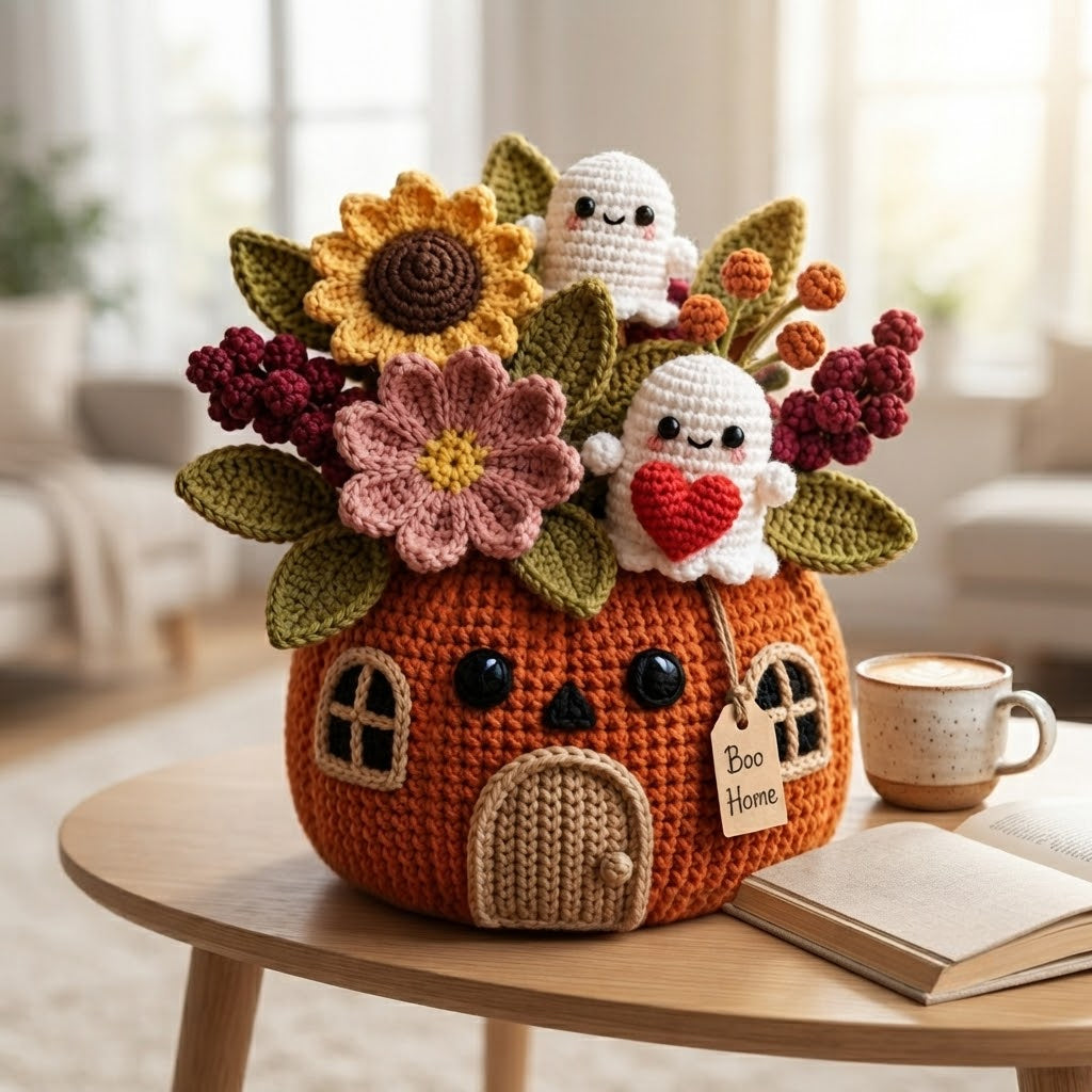 Handmade Crochet Ghost Pumpkin House Halloween Decor Pot