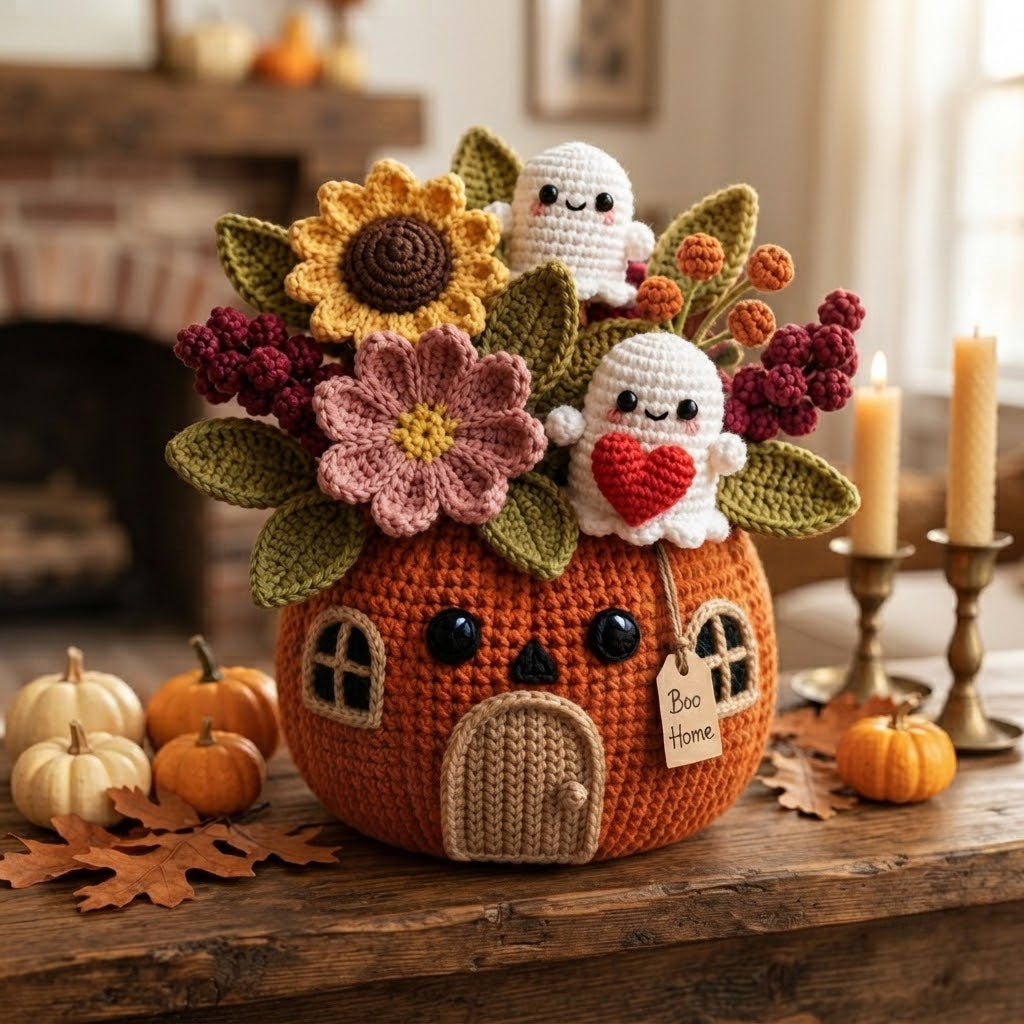 Handmade Crochet Ghost Pumpkin House Halloween Decor Pot