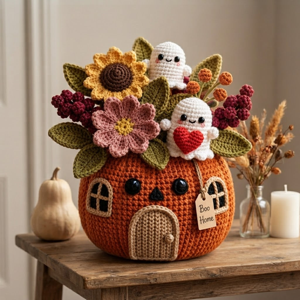 Handmade Crochet Ghost Pumpkin House Halloween Decor Pot