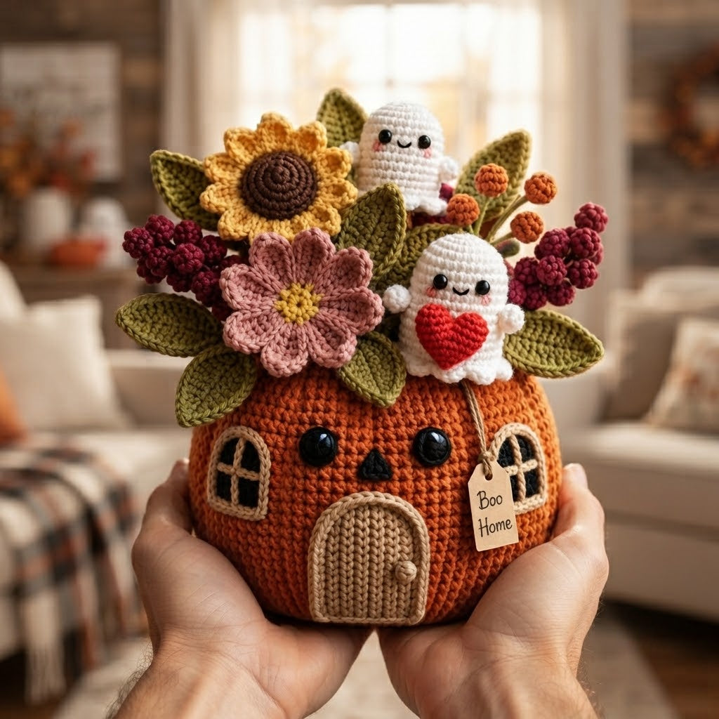 Handmade Crochet Ghost Pumpkin House Halloween Decor Pot