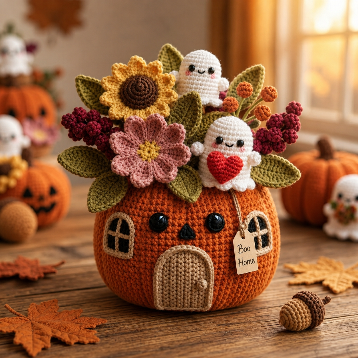 Handmade Crochet Ghost Pumpkin House Halloween Decor Pot