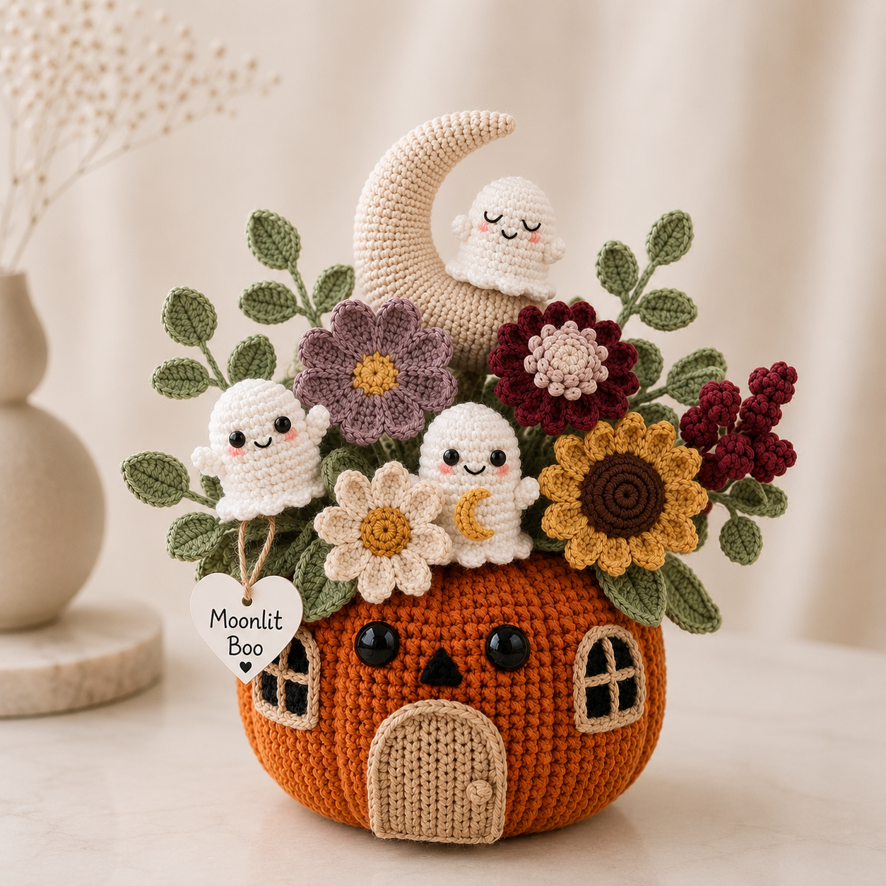 Handmade Crochet Moonlit Ghost Pumpkin House Halloween Decor Pot