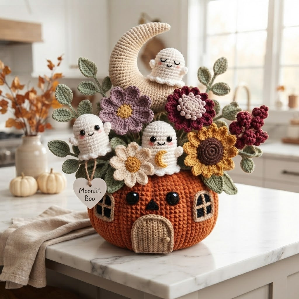 Handmade Crochet Moonlit Ghost Pumpkin House Halloween Decor Pot