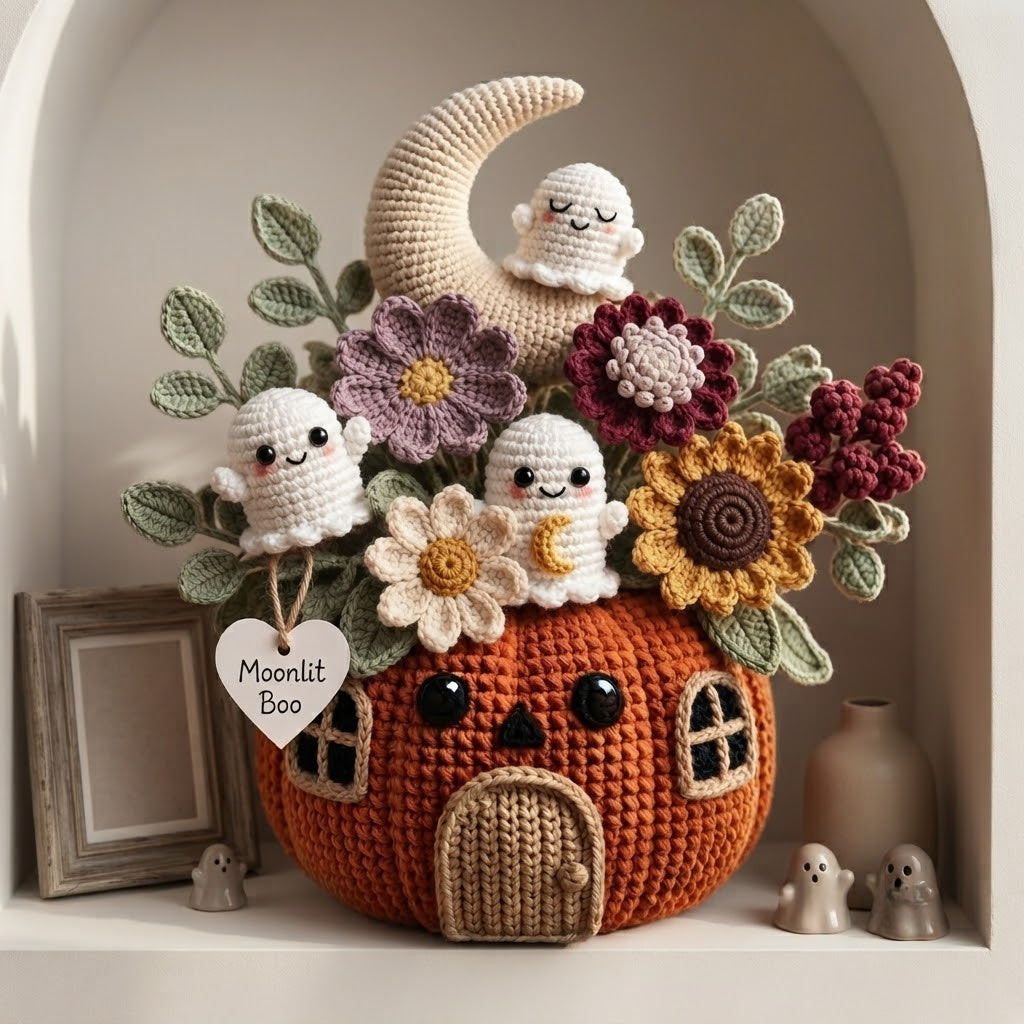 Handmade Crochet Moonlit Ghost Pumpkin House Halloween Decor Pot
