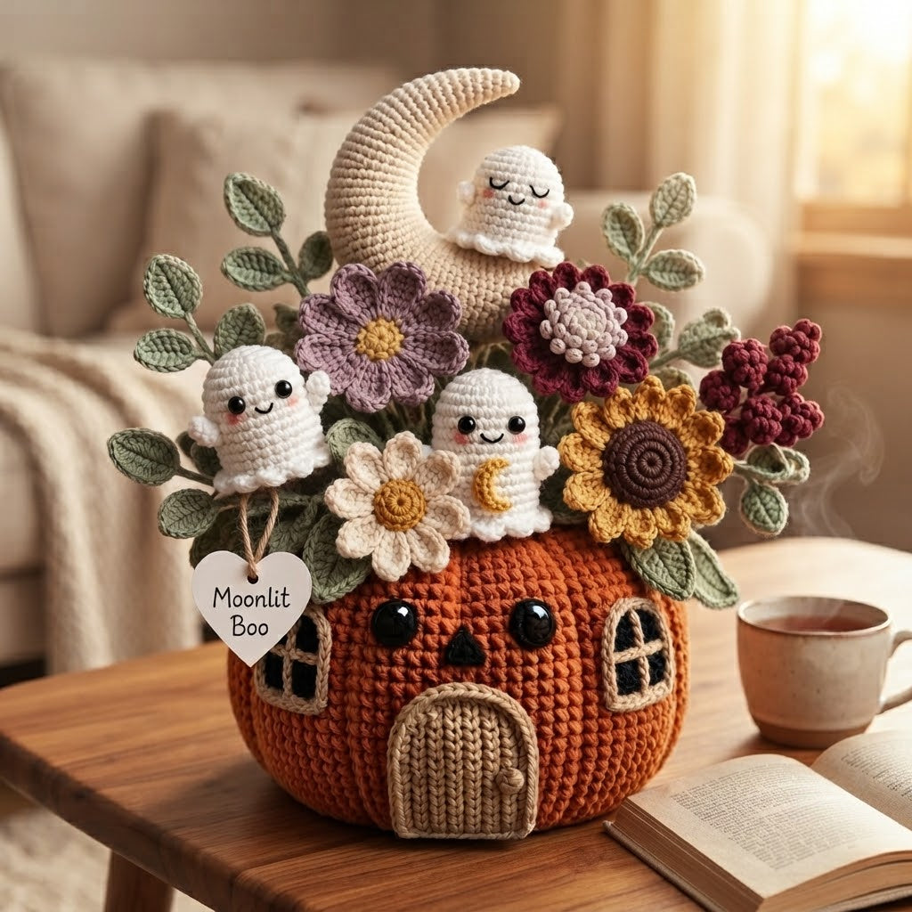 Handmade Crochet Moonlit Ghost Pumpkin House Halloween Decor Pot