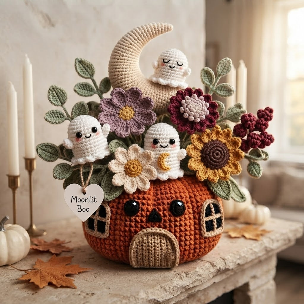 Handmade Crochet Moonlit Ghost Pumpkin House Halloween Decor Pot