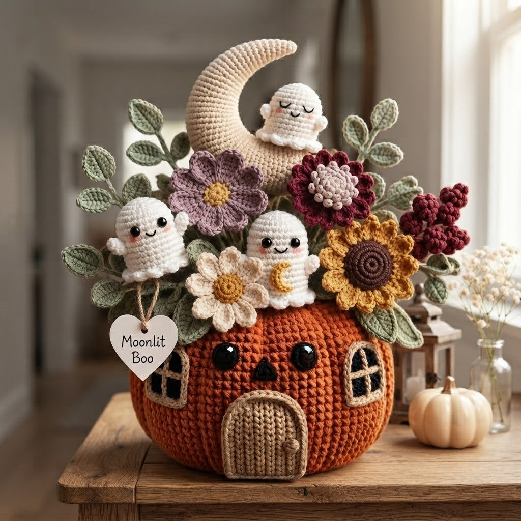 Handmade Crochet Moonlit Ghost Pumpkin House Halloween Decor Pot
