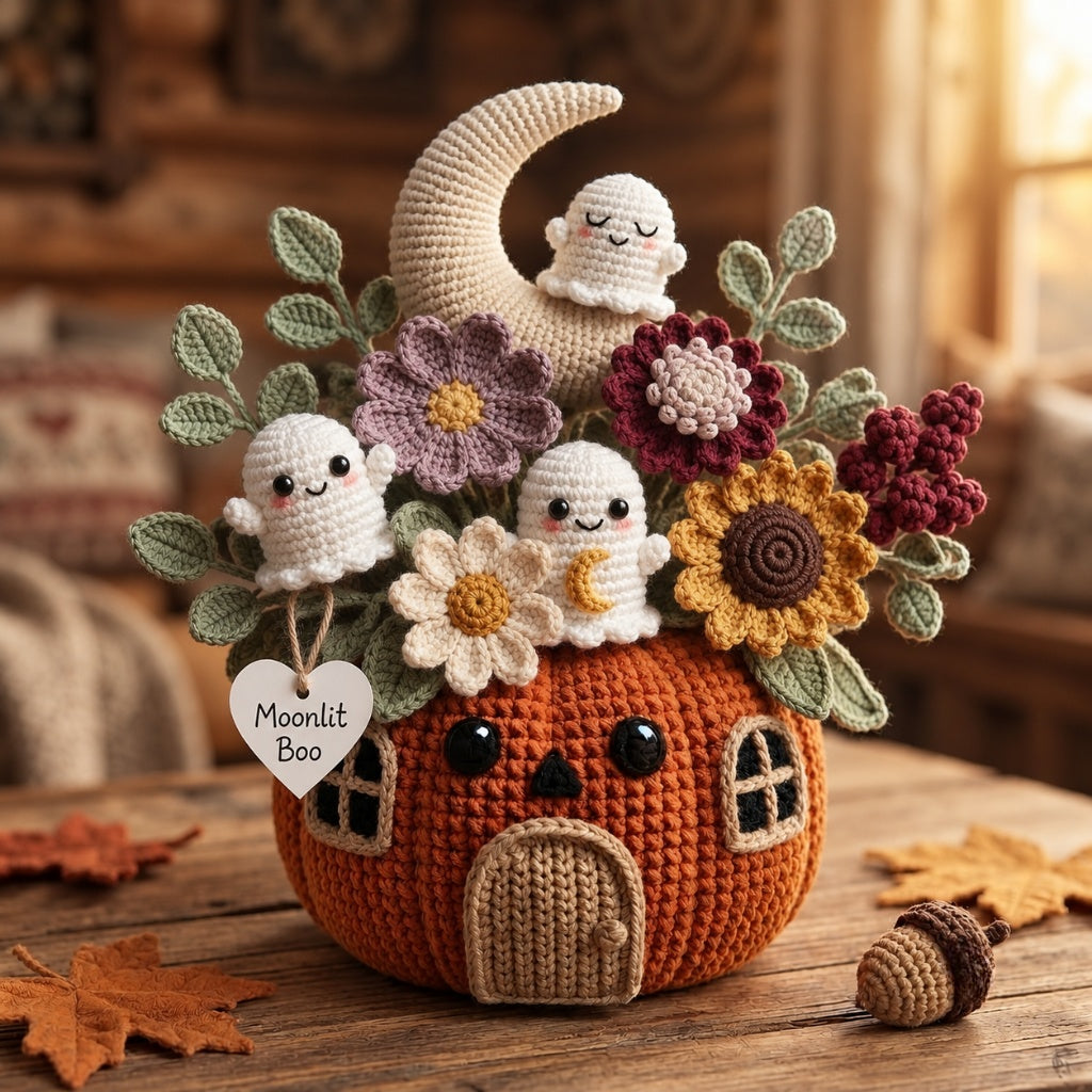 Handmade Crochet Moonlit Ghost Pumpkin House Halloween Decor Pot