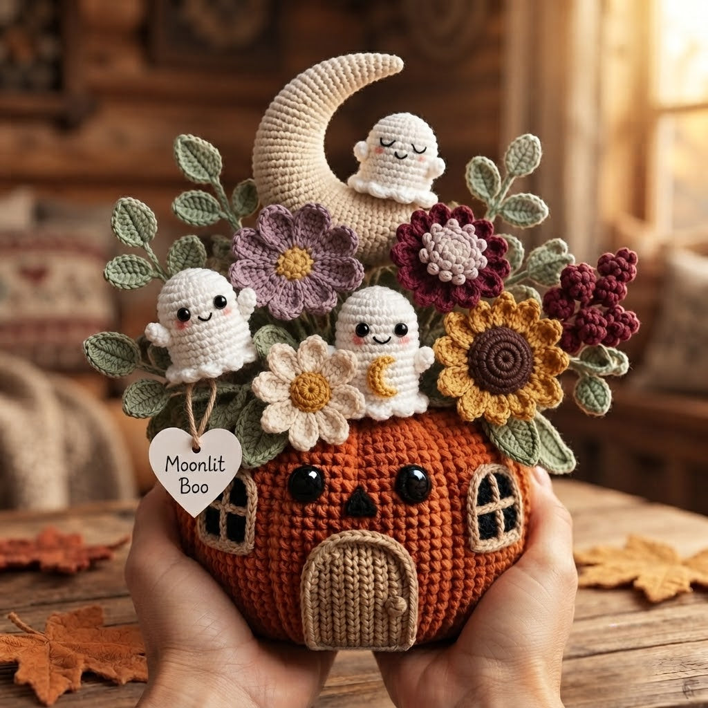 Handmade Crochet Moonlit Ghost Pumpkin House Halloween Decor Pot