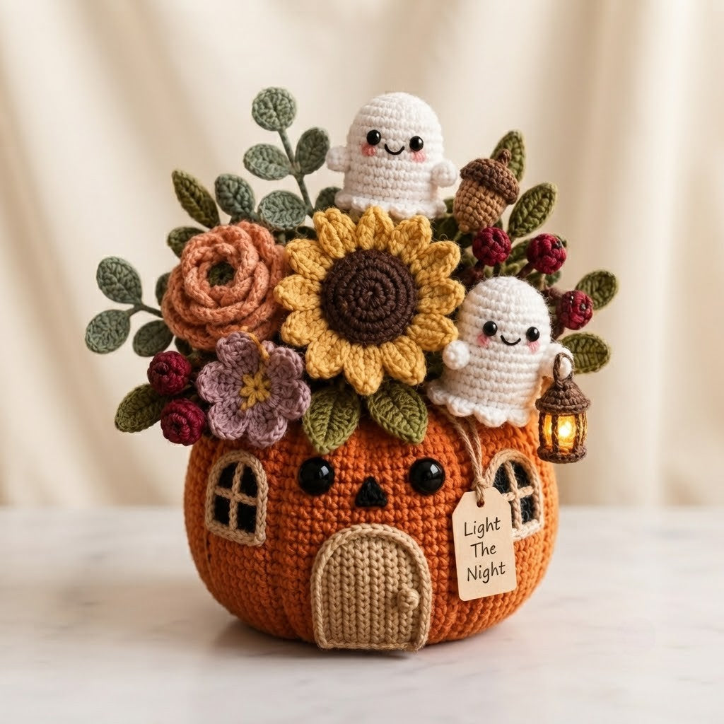 Handmade Crochet Light The Night Ghost Pumpkin House Decor Pot