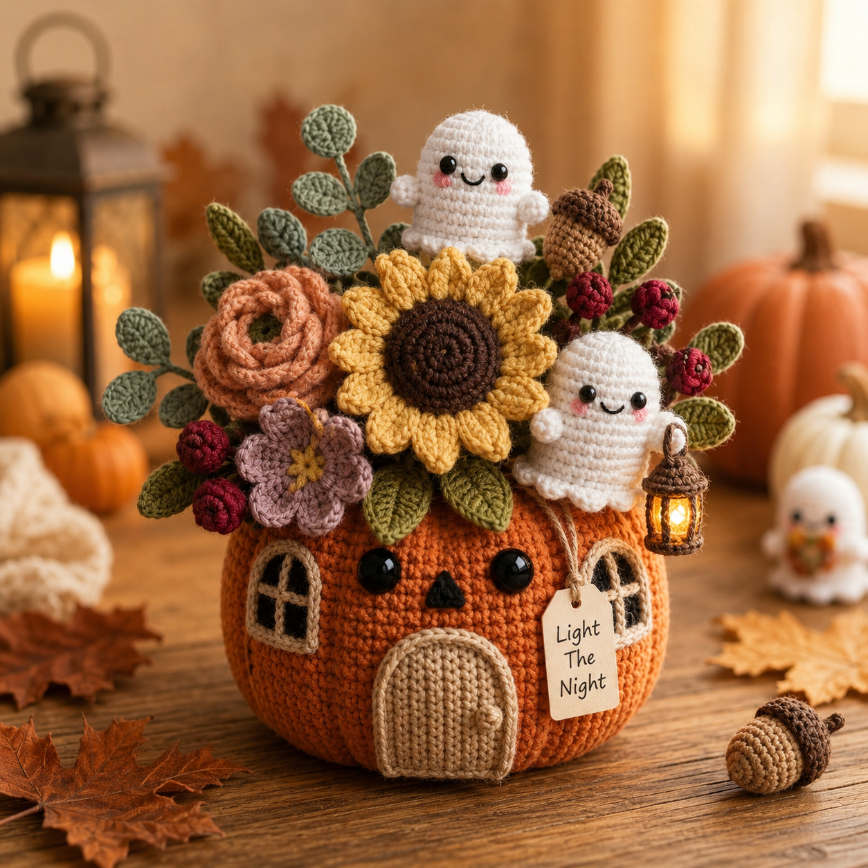 Handmade Crochet Light The Night Ghost Pumpkin House Decor Pot