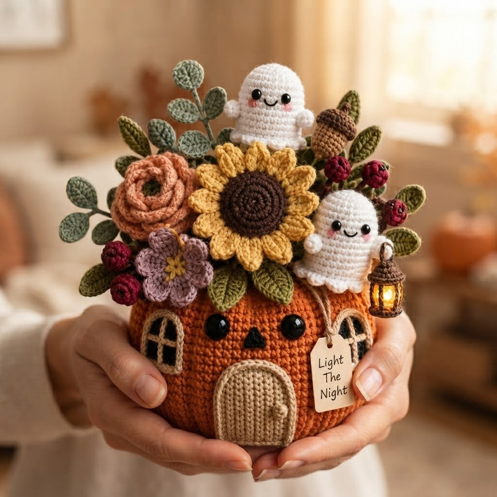 Handmade Crochet Light The Night Ghost Pumpkin House Decor Pot