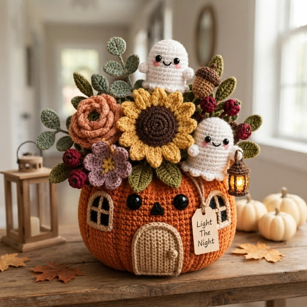Handmade Crochet Light The Night Ghost Pumpkin House Decor Pot