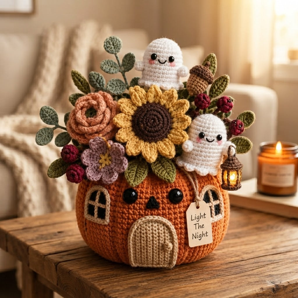 Handmade Crochet Light The Night Ghost Pumpkin House Decor Pot