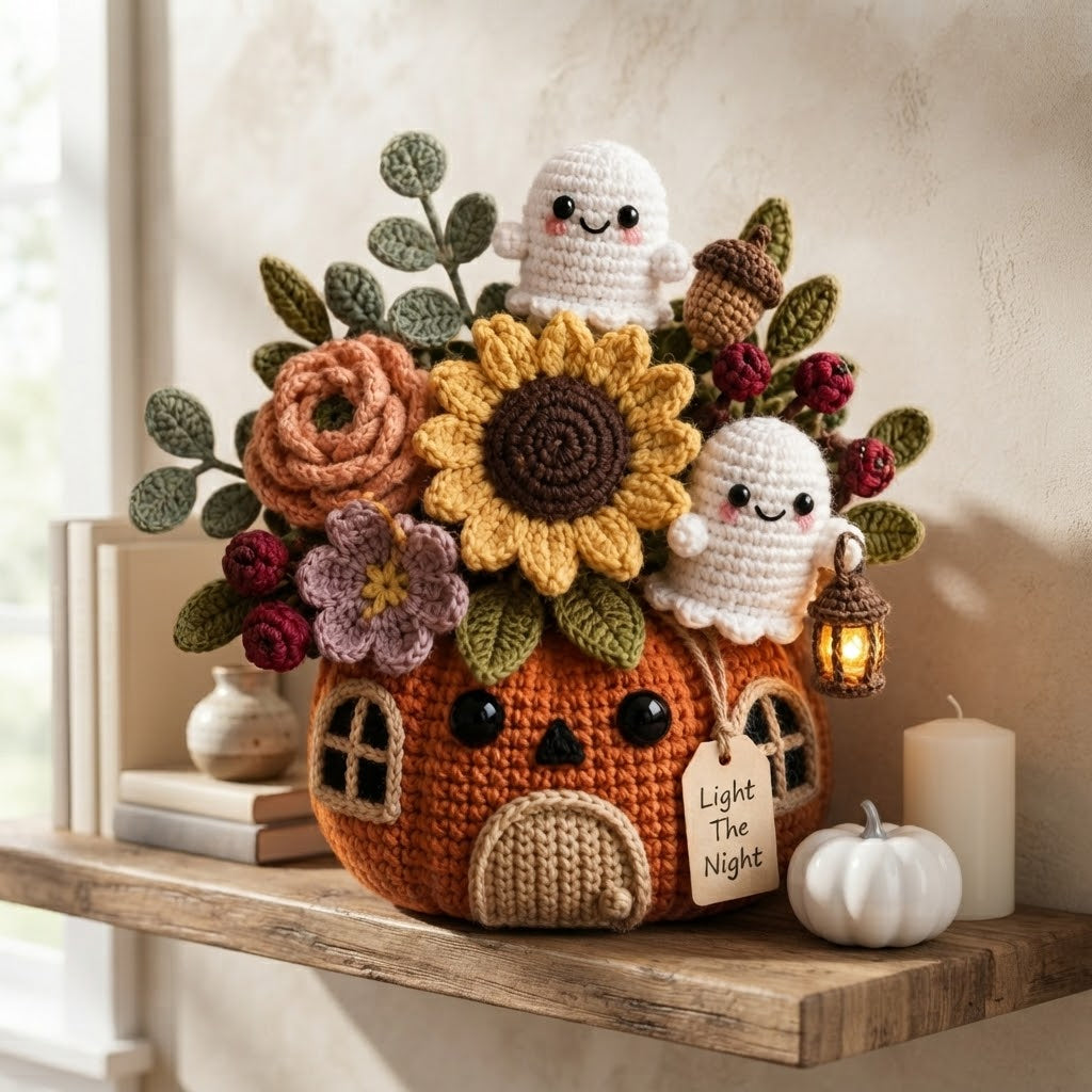 Handmade Crochet Light The Night Ghost Pumpkin House Decor Pot