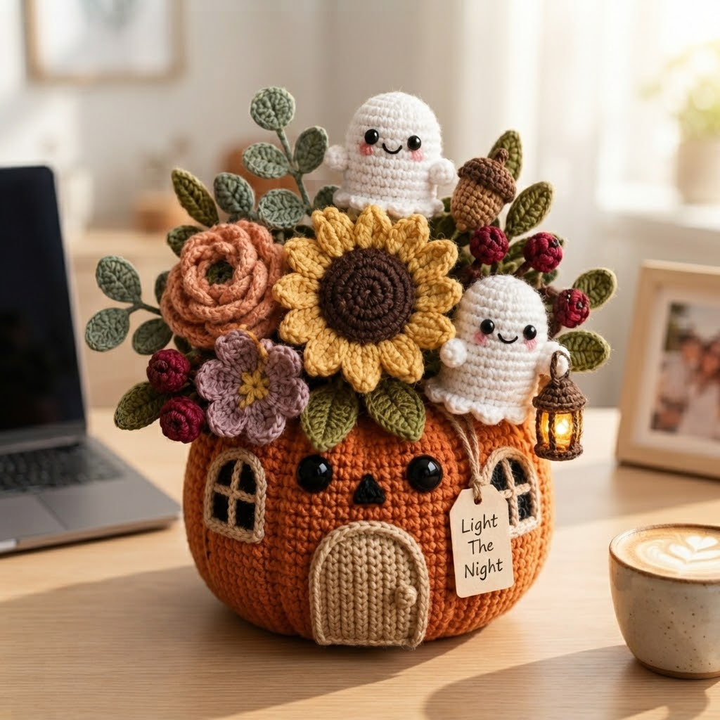 Handmade Crochet Light The Night Ghost Pumpkin House Decor Pot