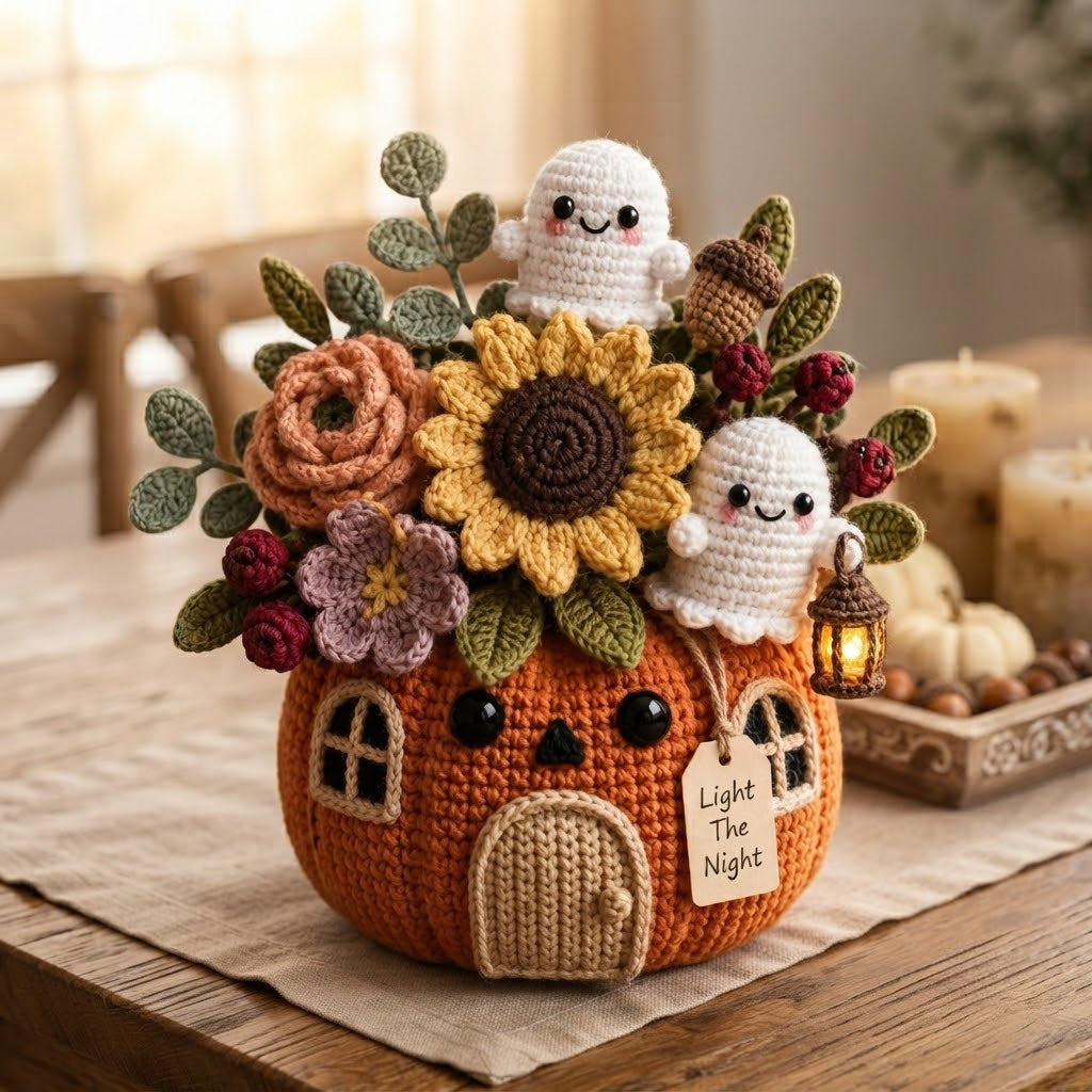 Handmade Crochet Light The Night Ghost Pumpkin House Decor Pot
