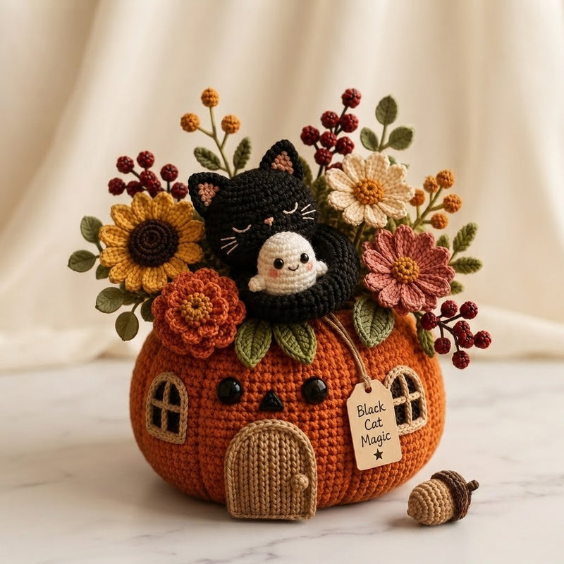 Handmade Crochet Black Cat and Ghost Pumpkin House Decor Pot