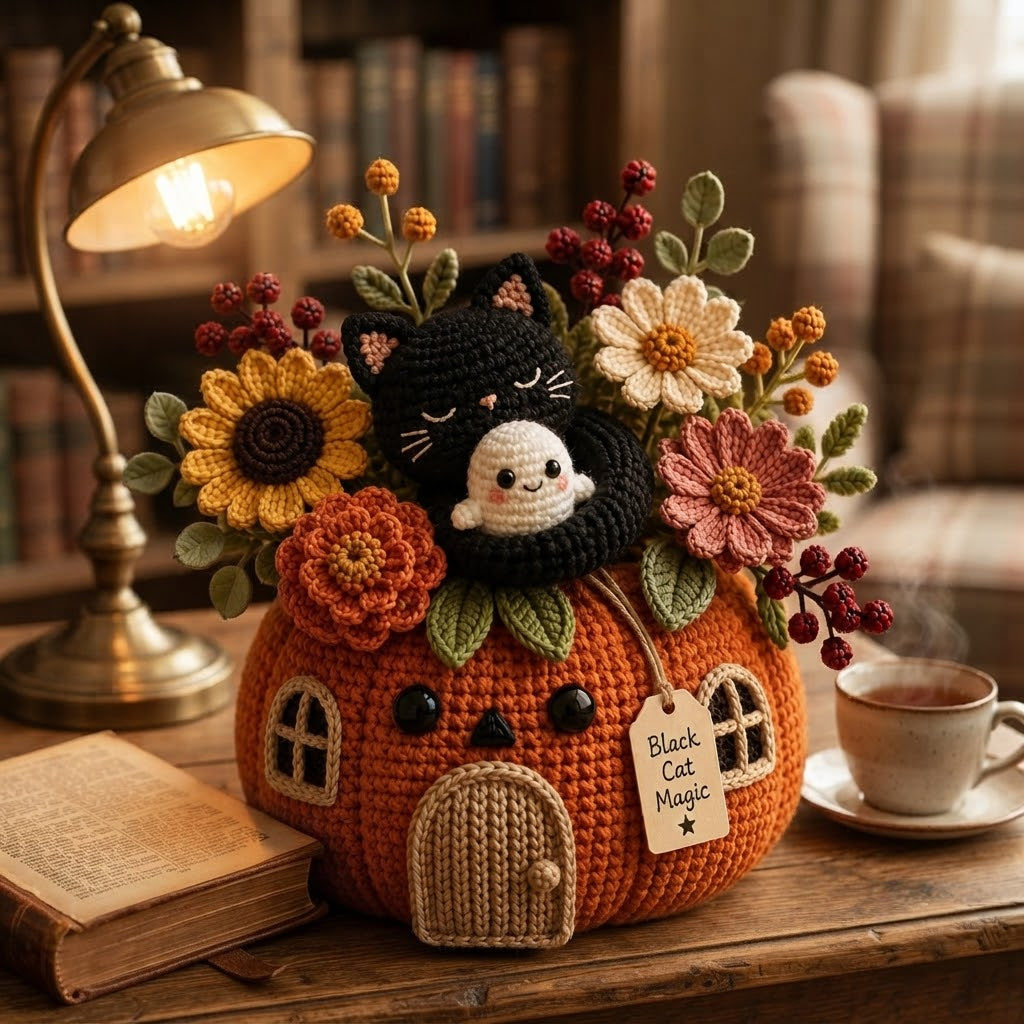 Handmade Crochet Black Cat and Ghost Pumpkin House Decor Pot