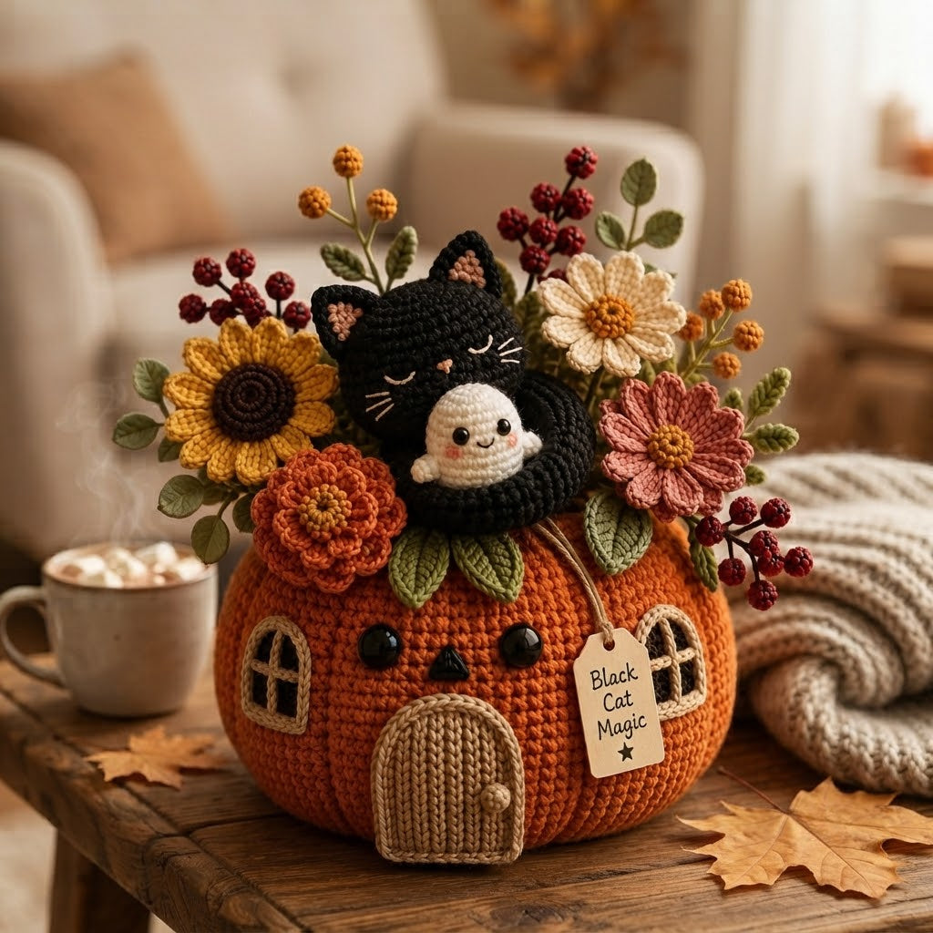 Handmade Crochet Black Cat and Ghost Pumpkin House Decor Pot