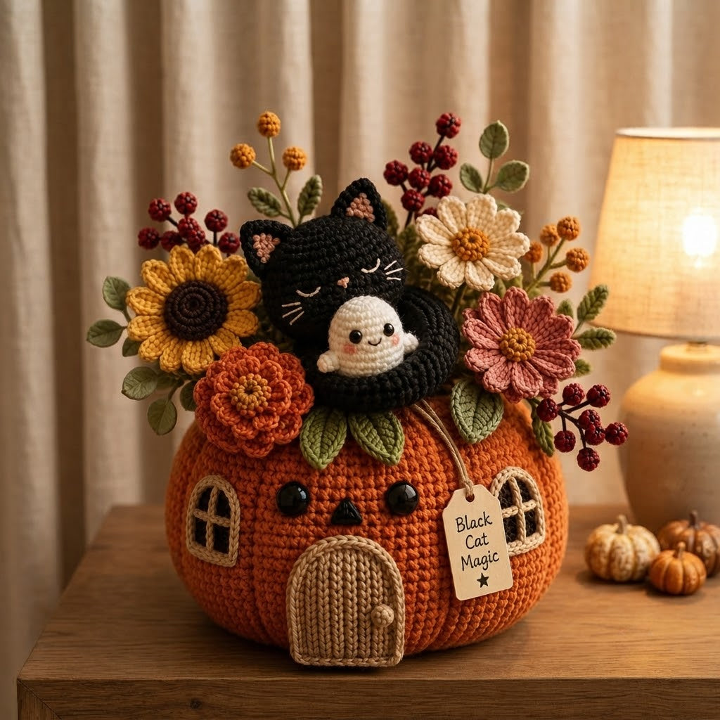 Handmade Crochet Black Cat and Ghost Pumpkin House Decor Pot
