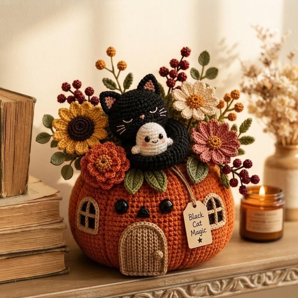 Handmade Crochet Black Cat and Ghost Pumpkin House Decor Pot