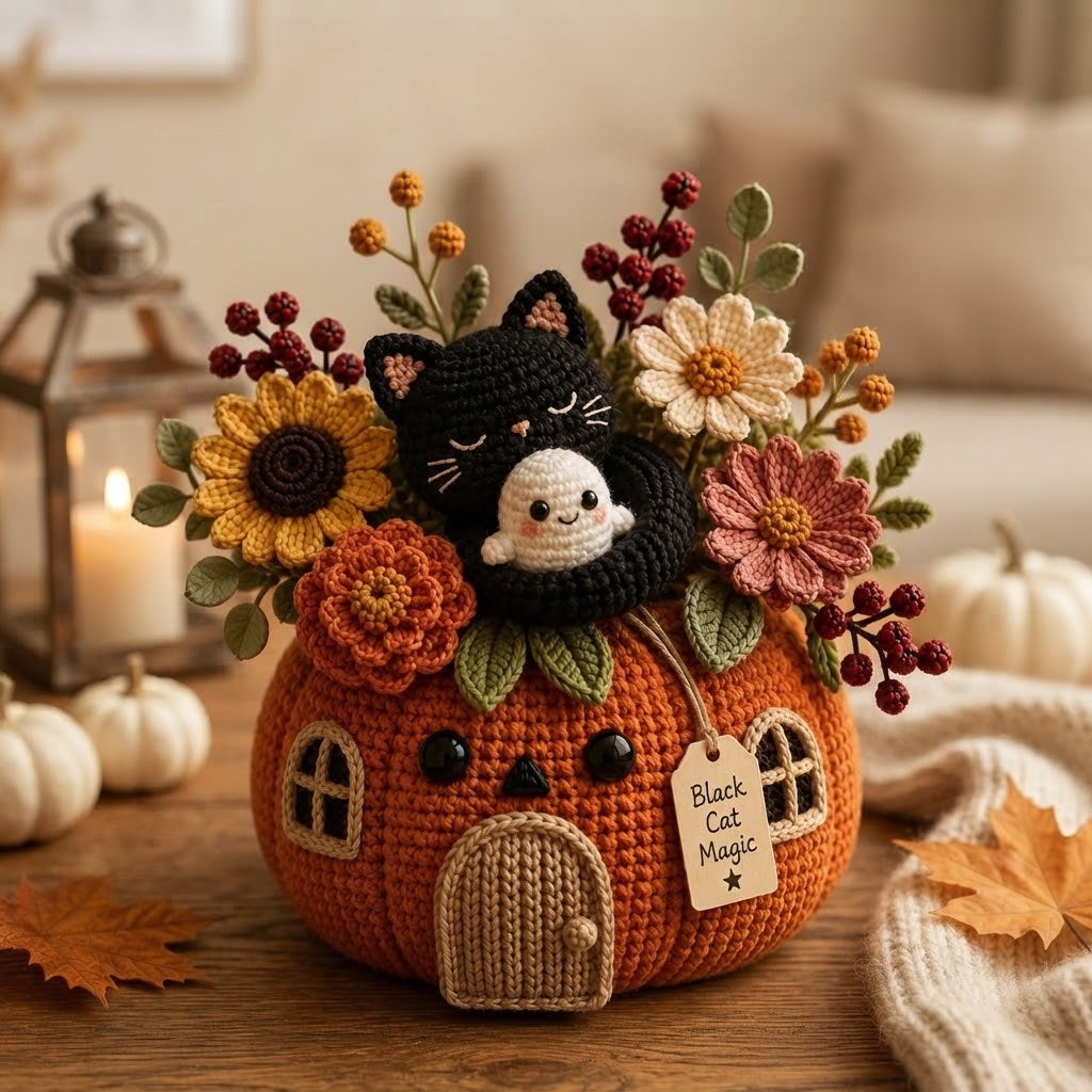 Handmade Crochet Black Cat and Ghost Pumpkin House Decor Pot