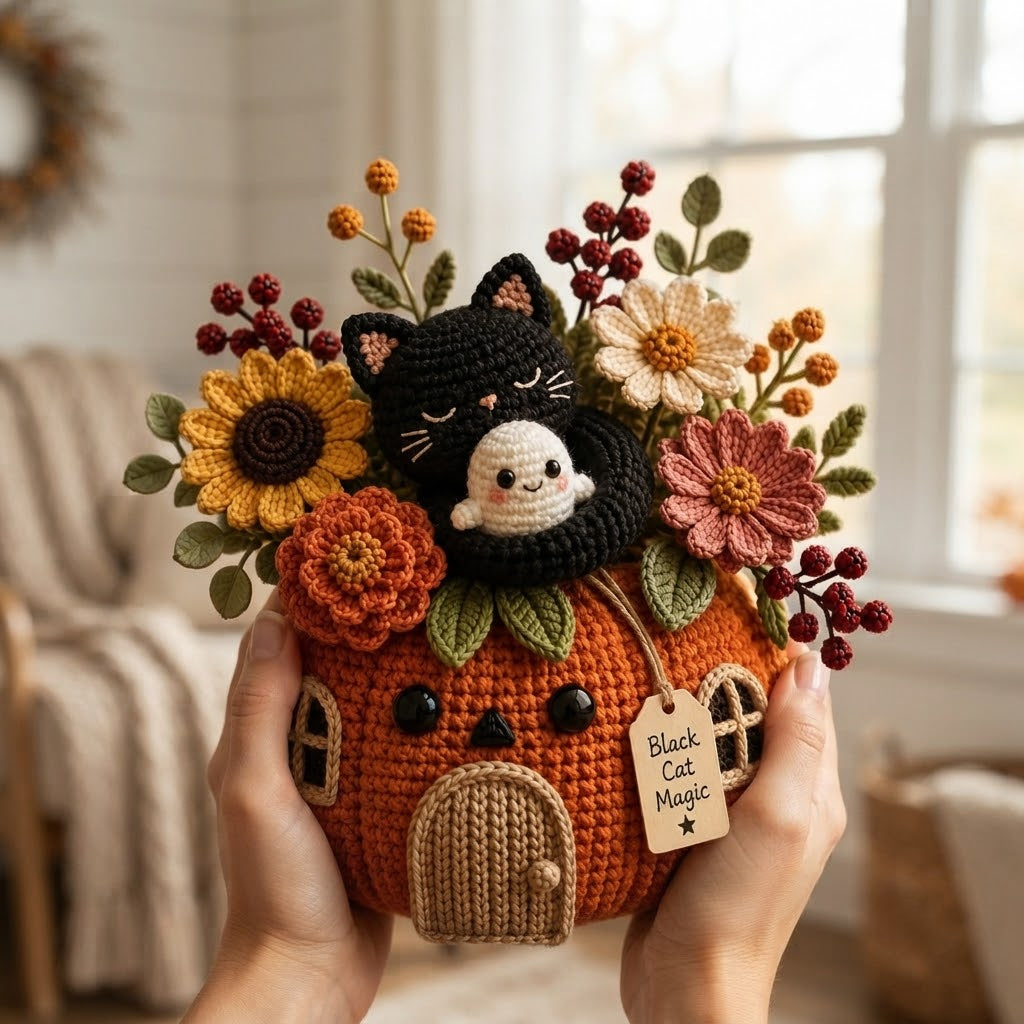 Handmade Crochet Black Cat and Ghost Pumpkin House Decor Pot