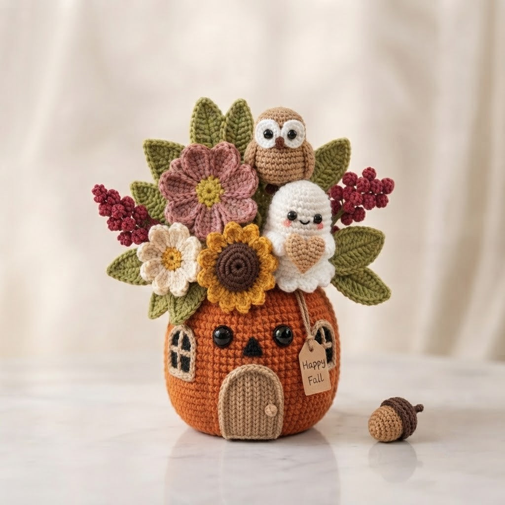 Handmade Crochet Owl and Ghost Pumpkin House Decor Pot