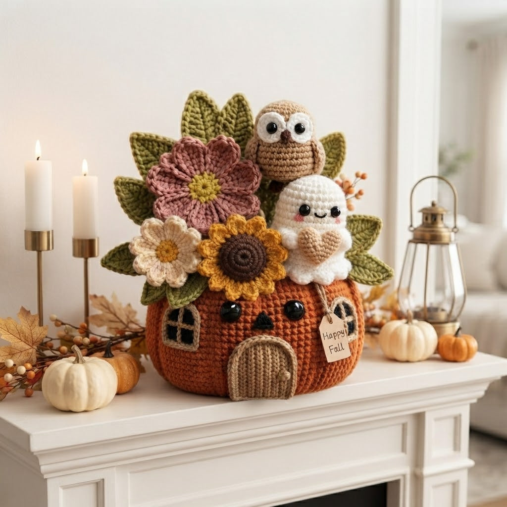 Handmade Crochet Owl and Ghost Pumpkin House Decor Pot