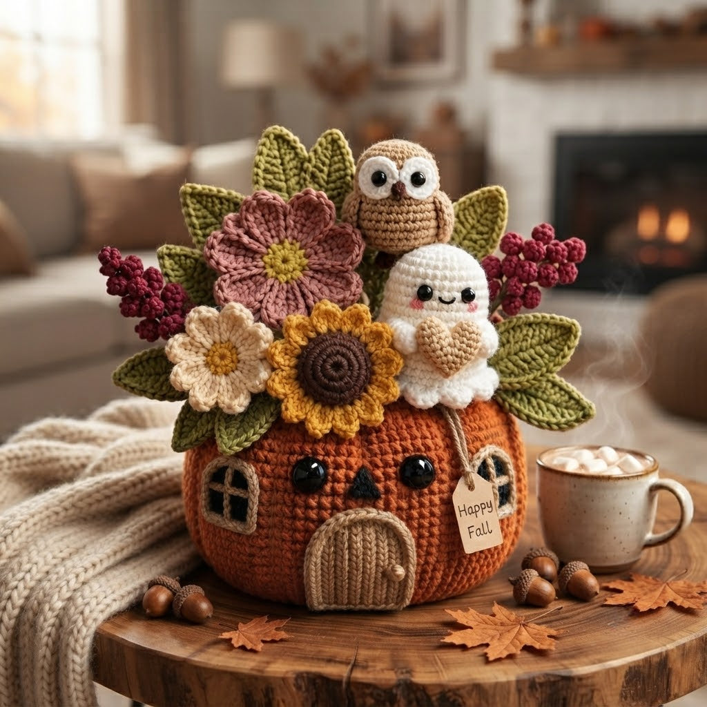 Handmade Crochet Owl and Ghost Pumpkin House Decor Pot